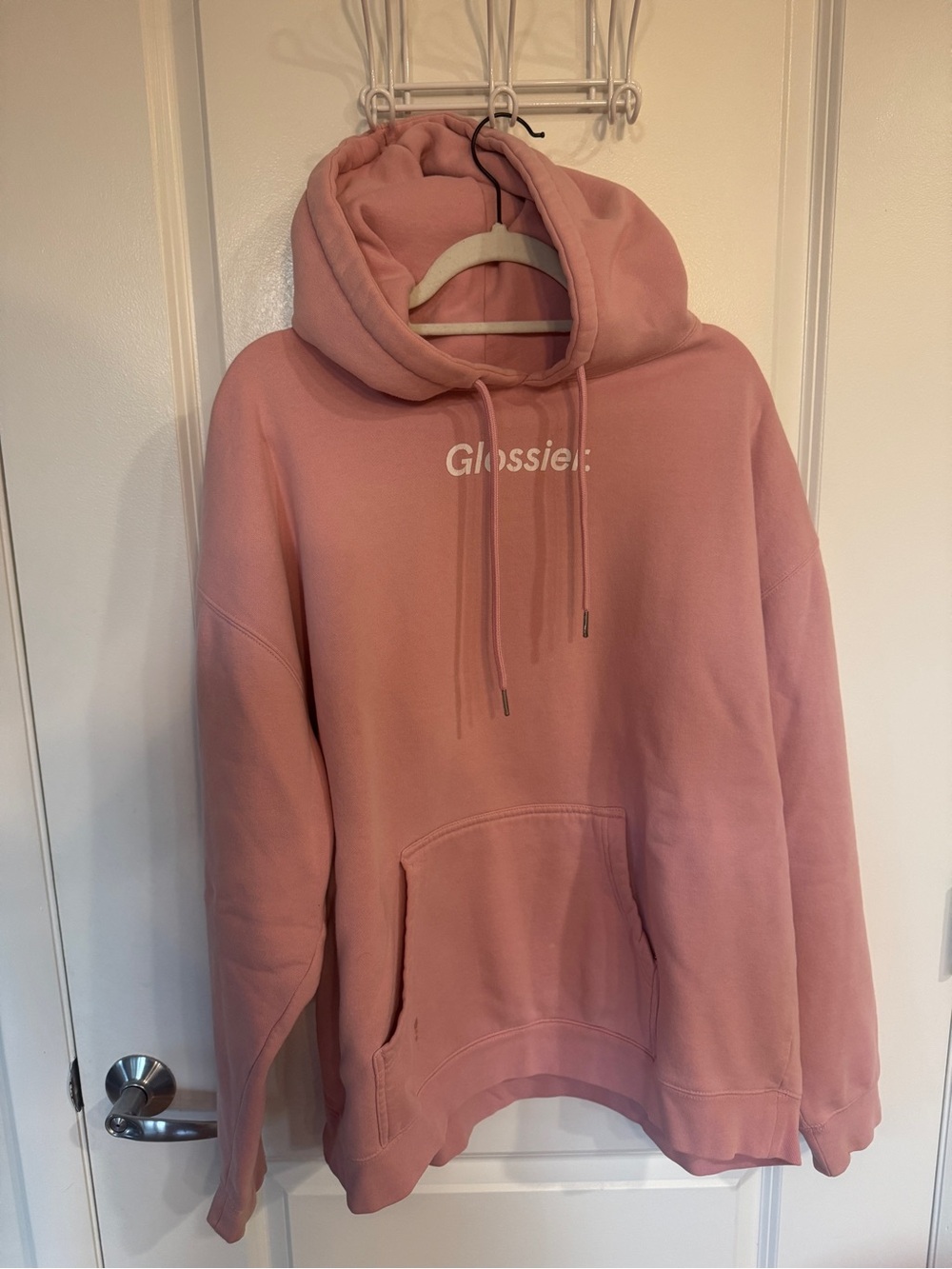 Glossier Pink Logo Hoodie Sweater (has a stain)
